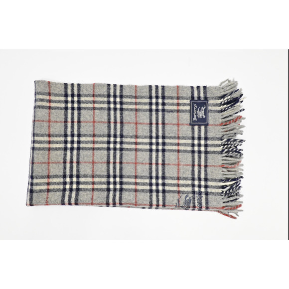 Burberry Scarf Muffler Gray Check Navy and Red Women Men Authentic Wool - Picture 7 of 8